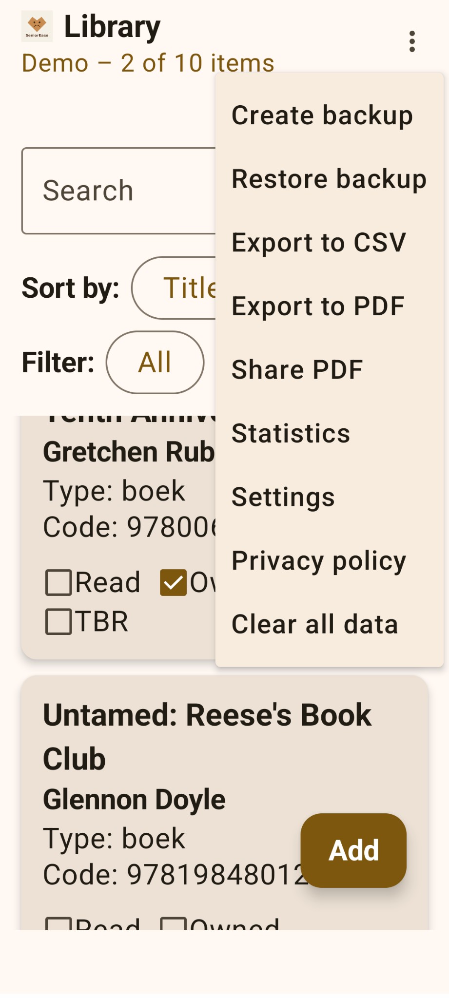 Backup, export, settings